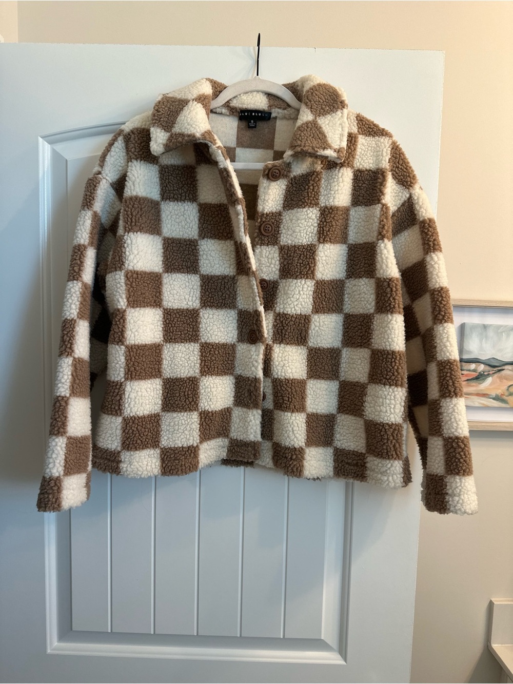 Blue Blush Checkerboard Teddy Jacket - Cream & Brown - Picture 2 of 3